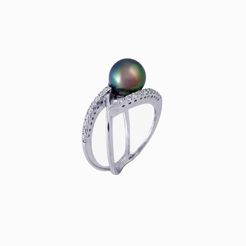 Bague En Or Blanc 18 Carats Avec Perle De Tahiti Et Diamants - Taille 54, Occasion Comme Neuve