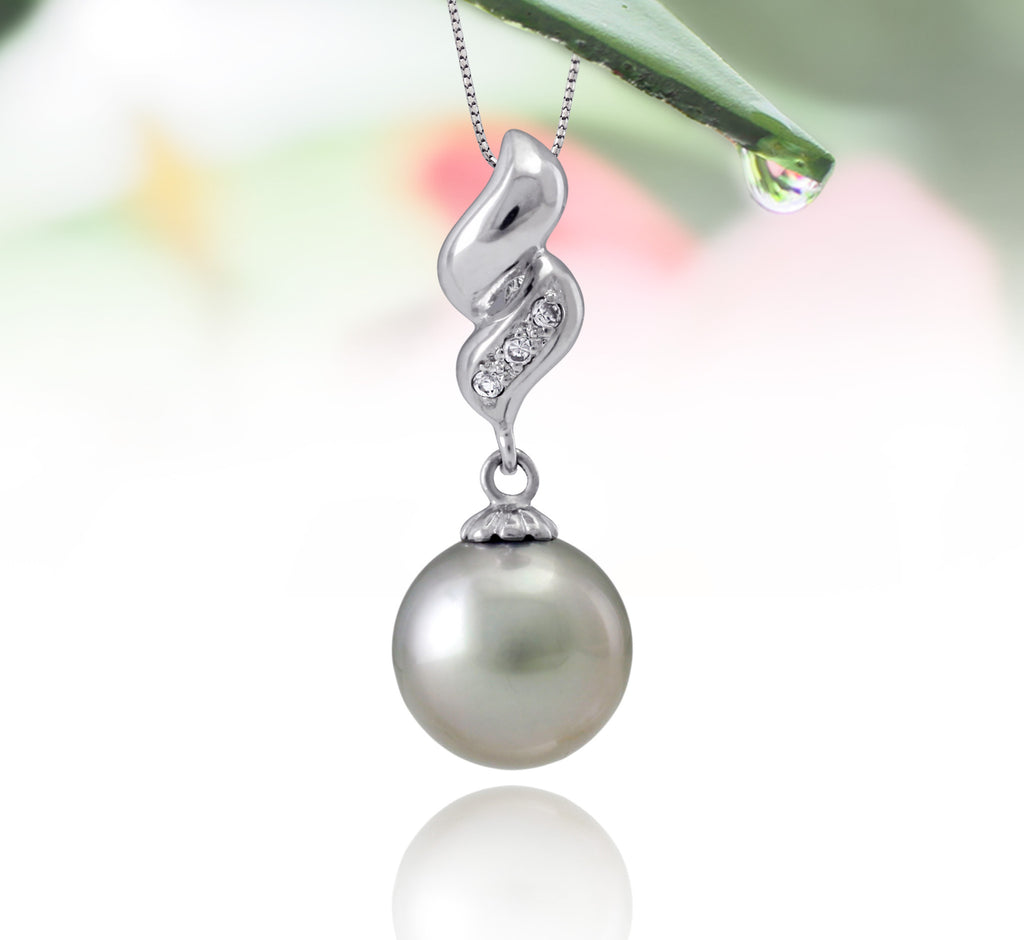 Tahitian pearl pendant in silver - dewdrops collection - PESZPE00514 - Pastel green