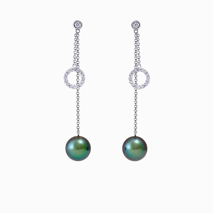 Boucles d'oreilles en or blanc 18 carats avec perles de Tahiti et diamants - Cercle de Vie