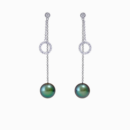Boucles d'oreilles en or blanc 18 carats avec perles de Tahiti et diamants - Cercle de Vie