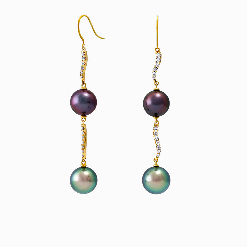 Boucles d'oreilles perles de Tahiti Or jaune 18 quilates et diamantes - Gouttes arc-en-ciel