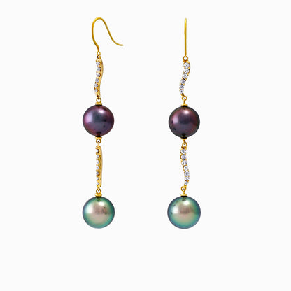 Boucles d'oreilles perles de Tahiti Or jaune 18 quilates et diamantes - Gouttes arc-en-ciel
