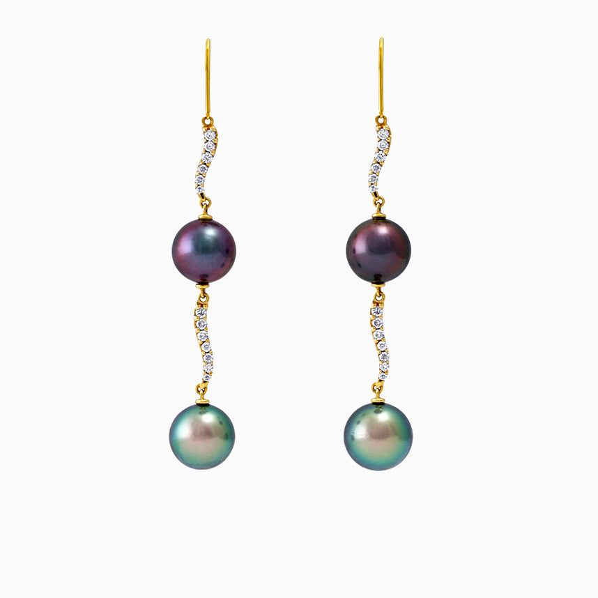 Boucles d'oreilles perles de Tahiti Or jaune 18 quilates et diamantes - Gouttes arc-en-ciel