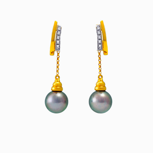 Boucles d'oreilles perles de Tahiti Or jaune 18 carats et diamants - Gouttes arc-en-ciel