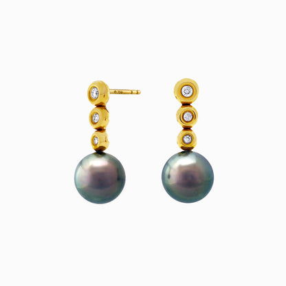 Tahitian pearl earrings 18k yellow gold with diamond - Circle of Life