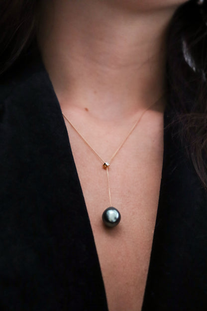 Collier perle de Tahiti - Or jaune 18kt avec diamant