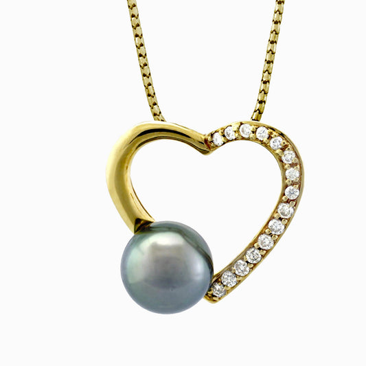 Tahitian pearl pendant - 18k yellow gold with diamonds