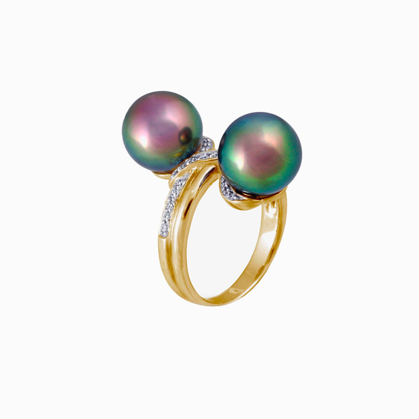Tahitian pearl ring - 18K white gold with Diamonds - Toi & Moi