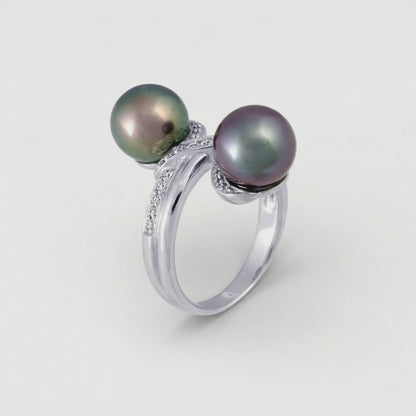 Anillo de perla de Tahití - Oro blanco de 18 quilates con diamantes