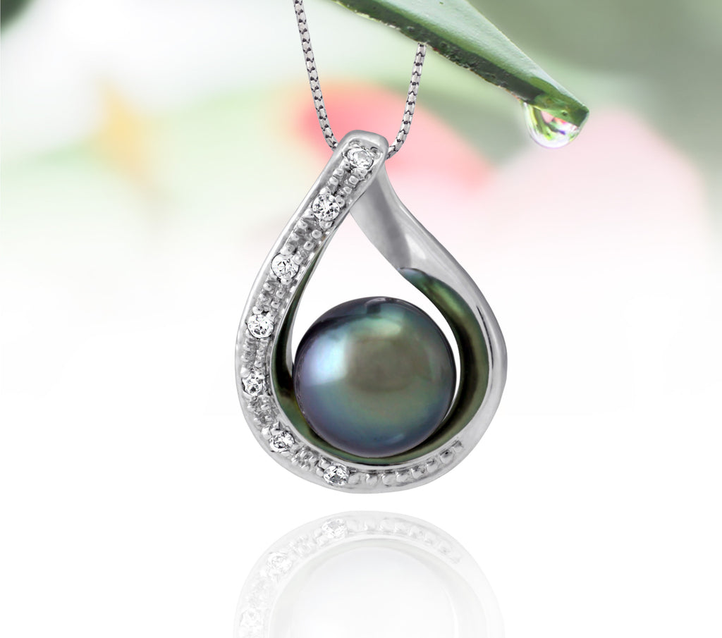 Tahitian pearl pendant in silver - dewdrops collection - PESZPE00511 - green