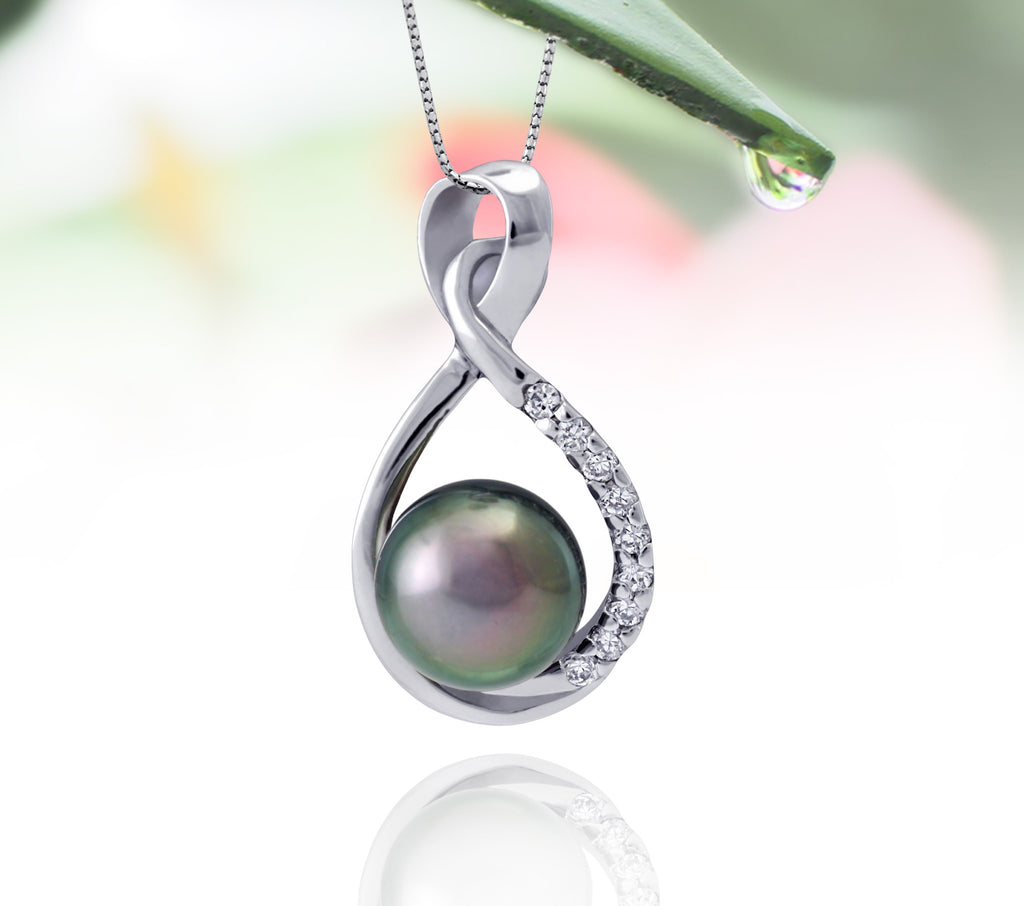 Tahitian pearl pendant in silver - dewdrops collection - PESZPE00078 - Pinkish Green