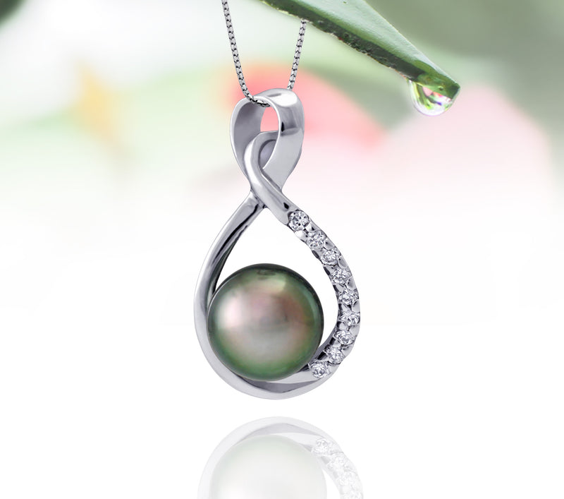Tahitian pearl pendant in silver - dewdrops collection - PESZPE00078 - Soft Green