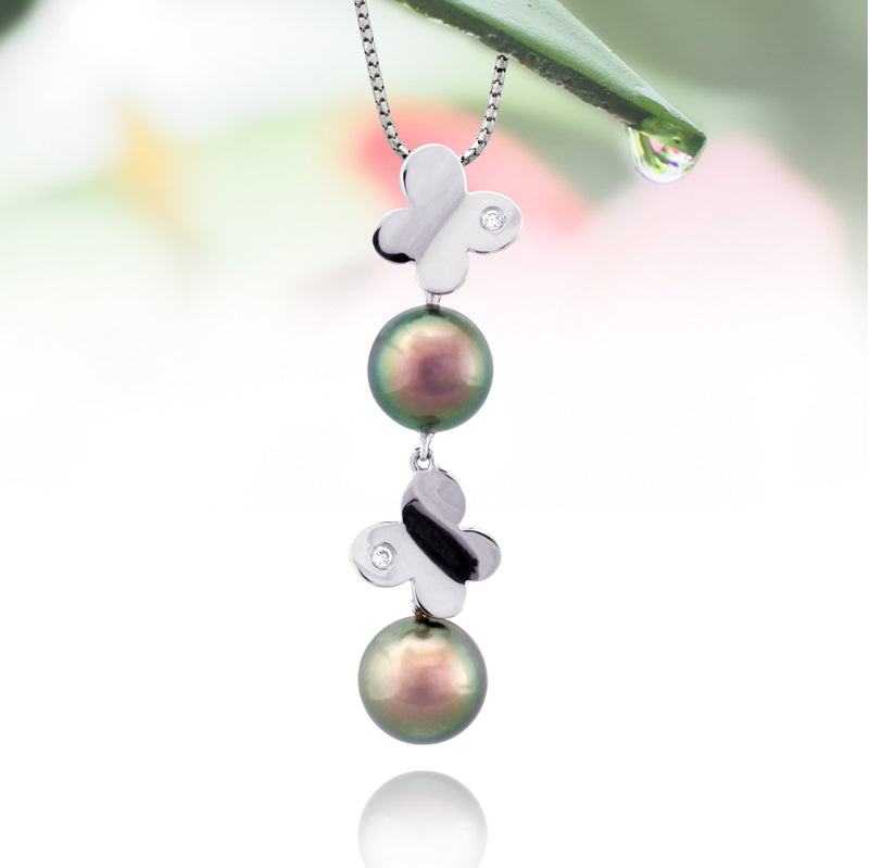 Tahitian pearl pendant in 18k white gold and diamonds - Dewdrops - PEWDPE00543