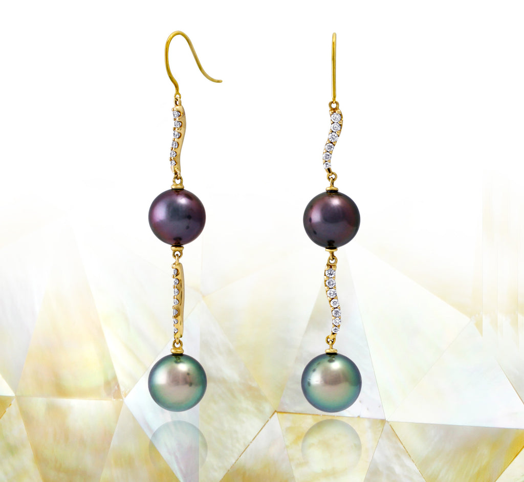 Tahitian pearl earrings 18k yellow gold with diamonds - Rainbow drops - EAYDPE00078