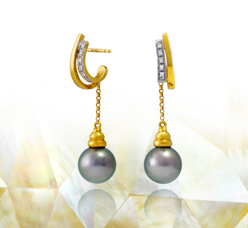 Tahitian pearl earrings 18k yellow gold with diamonds - Rainbow drops - EAYDPE00081