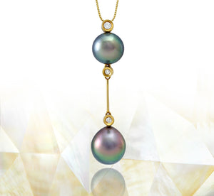 Colgante de perlas de Tahití en oro amarillo 18k con diamantes - Gotas de arco iris- PEYDPE00577