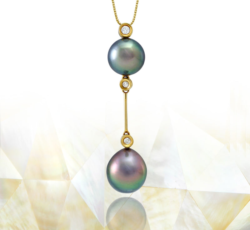 Tahitian pearl pendant in 18k yellow gold with diamonds - Rainbow drops- PEYDPE00577