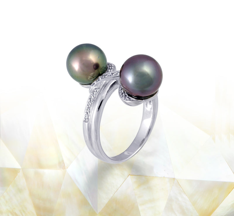 Tahitian pearl ring - 18K white gold with Diamonds - RGWDPE00660