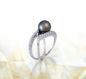 Bague perle de Tahiti - 18K or blanc avec diamants - RGWDPE00667