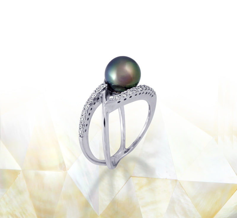 Tahitian pearl ring - 18K white gold with Diamonds - RGWDPE00667