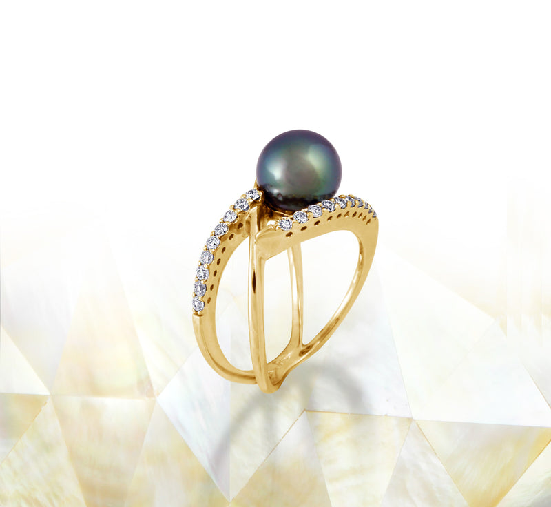Tahitian pearl ring - 18K yellow gold with Diamonds - RGYDPE00682
