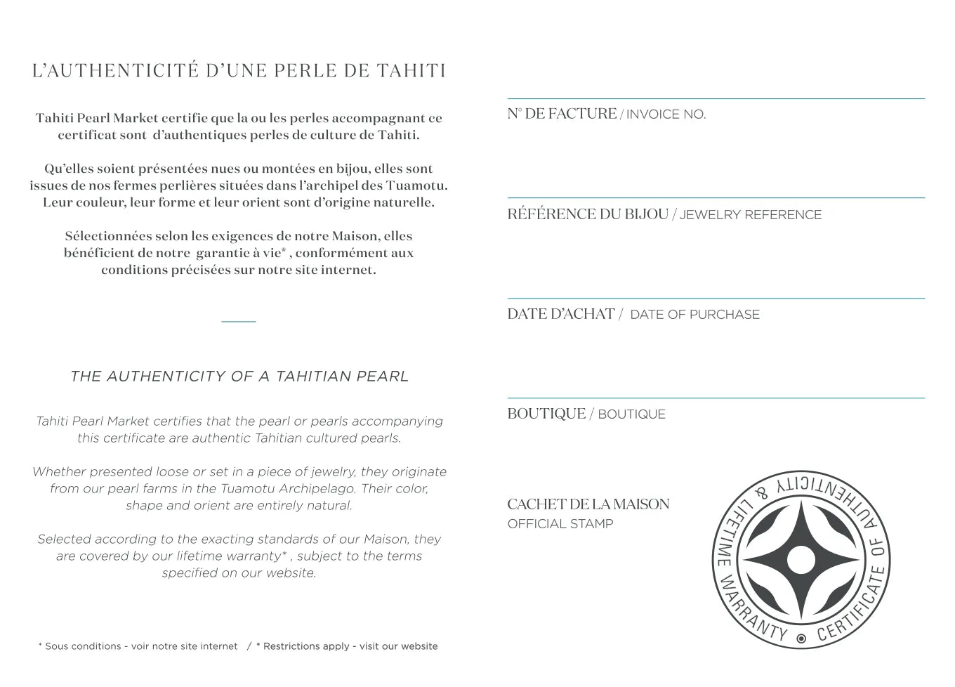 Inside of the Tahiti Pearl Market certificate of authenticity